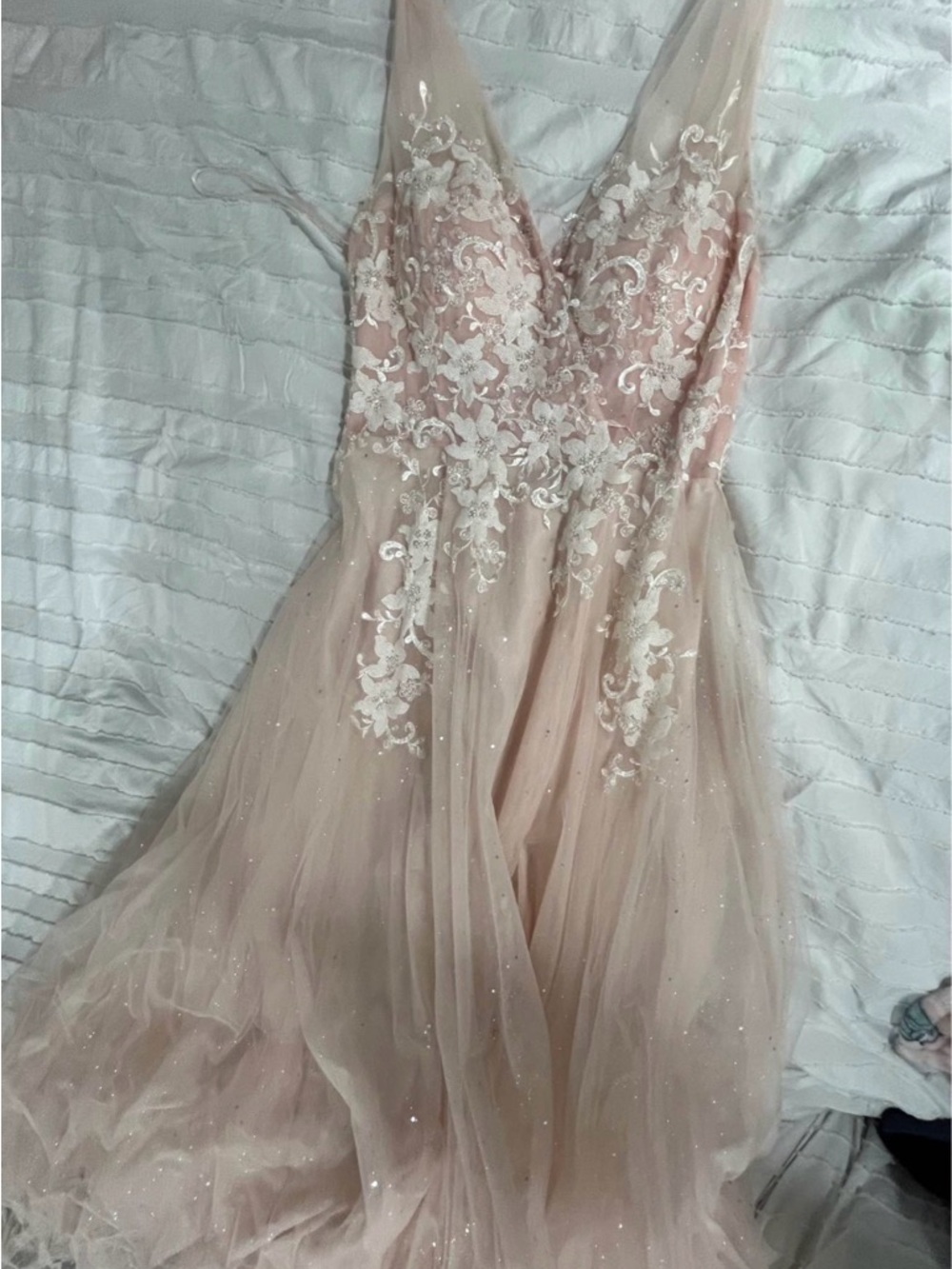 Blush Pink Tulle Evening Gown with Lace Appliqué